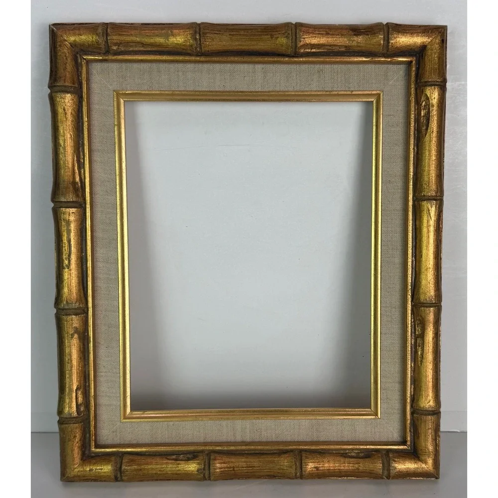 Vtg Gold Faux Bamboo Picture Wall Frame Linen Mat Hollywood Regency 14